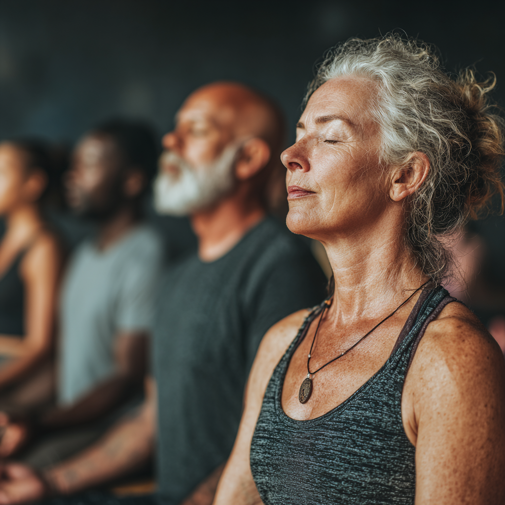 Group of diverse adults aged 40-55 practicing yoga together in peaceful studio setting, showing community and wellness lifestyle