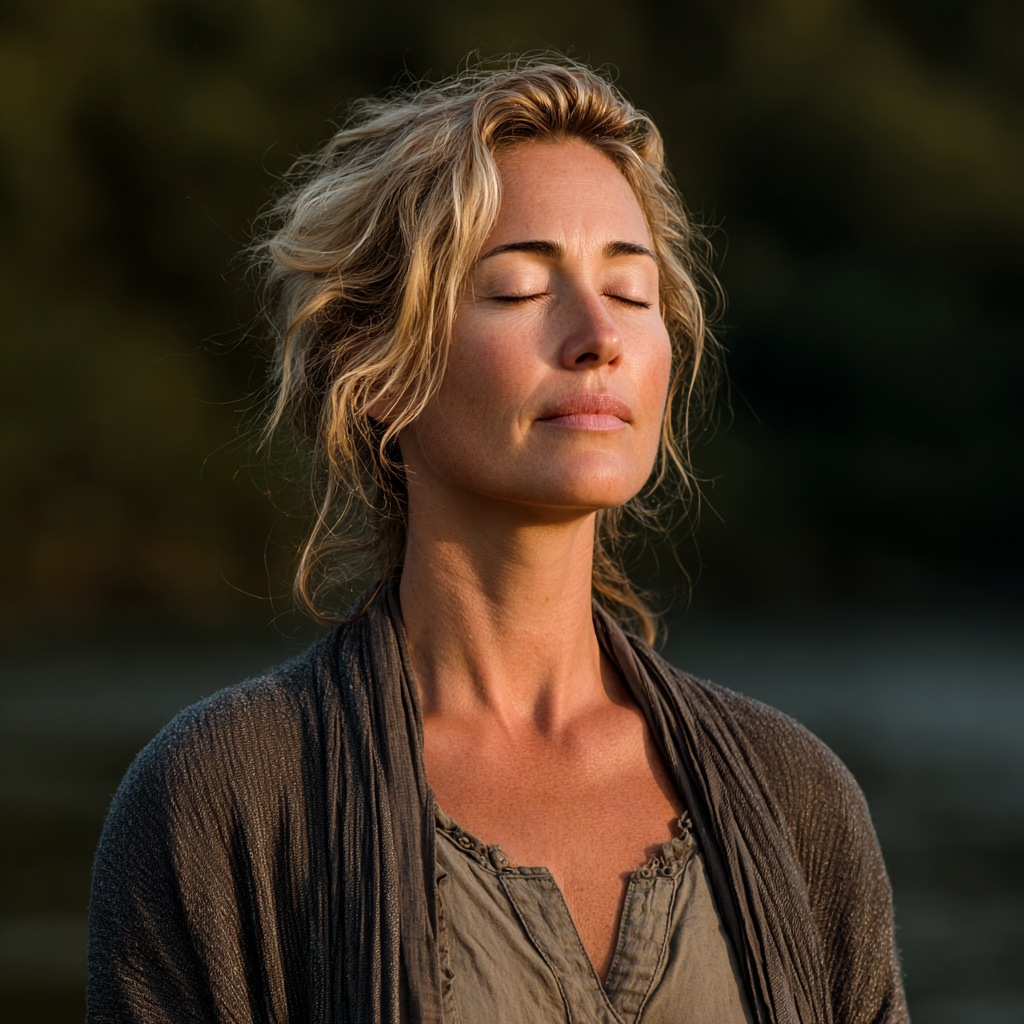 Peaceful middle-aged woman in her 40s practicing yoga meditation pose in serene natural environment, eyes closed in mindful concentration